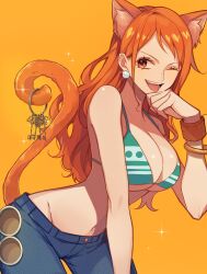  1girl animal_ear_fluff animal_ears bangle bare_shoulders bikini bikini_top_only blue_pants bracelet breasts brown_eyes cat_ears cat_girl cat_tail cleavage cowboy_shot denim earrings extra_ears glint green_bikini hair_behind_ear hand_up highres holding holding_key jeans jewelry key kurage20001 large_breasts log_pose long_hair looking_at_viewer midriff nami_(one_piece) navel one_eye_closed one_piece open_mouth orange_hair pants pearl_earrings solo sparkle swimsuit tail underboob wavy_hair yellow_background 