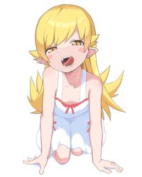 1girl :q bakemonogatari blonde_hair blush_stickers breasts bubukka cleavage collarbone dress female_focus full_body long_hair looking_at_viewer monogatari_(series) naughty_face open_mouth oshino_shinobu pointy_ears simple_background small_breasts solo teeth tongue tongue_out white_background white_dress yellow_eyes rating:Sensitive score:102 user:danbooru