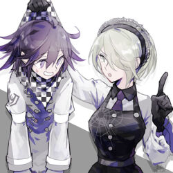  1boy 1girl annoyed apron arm_belt belt black_apron black_collar black_gloves black_hairband black_scarf blonde_hair breasts buttons chain checkered_clothes checkered_scarf collar collared_shirt cowboy_shot danganronpa_(series) danganronpa_v3:_killing_harmony double-breasted eyelashes frilled_sleeves frills gloves green_eyes grin hair_over_one_eye hairband jacket lace-trimmed_collar lace-trimmed_hairband lace_trim layered_sleeves lecturing lifting_person long_sleeves multiple_belts navel necktie o-ring oma_kokichi open_mouth pointing pointing_up purple_eyes purple_hair purple_necktie scarf scarf_grab shirt simple_background smile sweatdrop tojo_kirumi torn_clothes torn_jacket torn_scarf two-tone_scarf u_u_ki_u_u unmoving_pattern v-shaped_eyebrows white_background white_belt white_jacket white_scarf white_shirt white_sleeves 