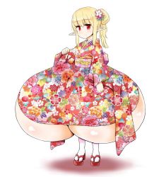  1girl blonde_hair breasts elf flower gigantic_breasts ishioto japanese_clothes kimono pointy_ears red_eyes source_request  rating:Questionable score:19 user:HelTrigger