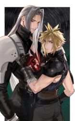  2boys armor bandaged_arm bandages belt black_belt black_coat black_gloves black_materia black_pants black_sweater blonde_hair bracer brown_belt chest_strap cloud_strife coat commentary_request earrings final_fantasy final_fantasy_vii final_fantasy_vii_rebirth final_fantasy_vii_remake giving gloves green_background green_eyes grey_hair hand_up high_collar highres jewelry jjn_ff7 light_smile long_bangs long_coat long_hair long_sleeves looking_at_viewer looking_back male_focus multiple_belts multiple_boys pants parted_bangs pauldrons sephiroth short_hair shoulder_armor single_pauldron sleeveless sleeveless_sweater sleeveless_turtleneck spiked_hair stud_earrings sweater turtleneck turtleneck_sweater upper_body 