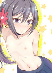  10s 1girl akebono_(kancolle) arms_behind_back bad_id bad_pixiv_id bell black_hair blush collarbone flat_chest flower grey_hair hair_bell hair_flower hair_ornament jingle_bell kanden_sky kantai_collection long_hair looking_at_viewer navel nipples purple_eyes side_ponytail simple_background skirt solo star_(symbol) stomach tears topless very_long_hair  rating:Questionable score:61 user:danbooru