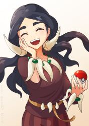  1girl :d arutarika_(ri_kaoekaki) black_hair bracelet brown_shirt closed_eyes commentary_request creatures_(company) drasna_(pokemon) earrings eyelashes facing_viewer game_freak gradient_background happy highres holding holding_poke_ball jewelry long_hair necklace nintendo open_mouth parted_bangs partial_commentary poke_ball poke_ball_(basic) pokemon pokemon_xy shirt skirt sleeves_past_elbows smile solo teeth upper_teeth_only  rating:General score:14 user:danbooru