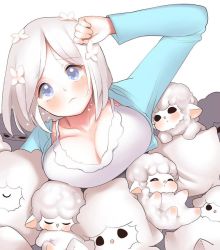  1girl blue_eyes breasts cleavage closed_eyes dskn flower hair_flower hair_ornament lamb large_breasts long_hair looking_at_viewer original sheep simple_background smile solo tears white_background white_hair  rating:Sensitive score:34 user:dojin_king