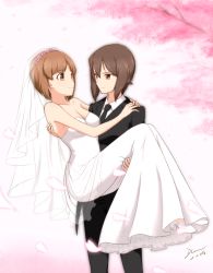  10s 2girls artist_request bare_arms bare_shoulders blush bob_cut breasts bridal_veil bride brown_eyes brown_hair carrying cherry_blossoms cleavage collarbone couple dated dress eye_contact female_focus formal girls_und_panzer hair_flaps highres hug incest looking_at_another medium_breasts multiple_girls neck necktie nishizumi_maho nishizumi_miho outdoors petals princess_carry short_hair siblings sisters smile standing strapless strapless_dress suit tears veil wedding_dress white_dress wife_and_wife yuri  rating:General score:33 user:tanaab1234567890