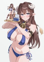  1girl arm_strap bare_shoulders bikini blue_bikini blue_eyes blush breasts brown_hair closed_mouth commentary_request cow_tail crossed_bangs curled_horns figure figure_available highres holding horns large_breasts long_hair looking_at_viewer navel original pointy_ears sg_(satoumogumogu) side-tie_bikini_bottom simple_background skindentation solo stomach swimsuit tail ushimitsu_toki_(satoumogumogu) white_background white_horns 