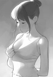  1girl abbystea arm_behind_back blush breasts camisole character_request cleavage closed_eyes copyright_request gradient_background greyscale hair_bun hand_on_own_chest medium_breasts midriff_peek monochrome short_hair  rating:Sensitive score:15 user:danbooru