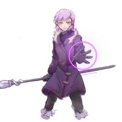  amity_blight coat earrings fighting_stance fur_collar highres jewelry lifewithsmoke looking_at_viewer pointy_ears purple_hair simple_background staff the_owl_house white_background yellow_eyes  rating:Sensitive score:11 user:ZDragonX