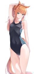  1girl absurdres animal_ears aqua_eyes arm_up armpits black_one-piece_swimsuit blunt_bangs breasts closed_mouth competition_swimsuit highres horse_ears horse_girl horse_tail long_hair one-piece_swimsuit orange_hair pandoa_(mikage0495) silence_suzuka_(umamusume) simple_background small_breasts solo standing swimsuit tail umamusume white_background 