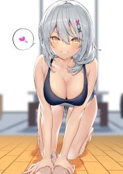  1girl absurdres all_fours armpit_crease bare_arms bare_legs bare_shoulders barefoot blurry breasts cleavage depth_of_field foot_massage grey_hair grey_shorts grin hair_ornament hairclip heart highres itohana large_breasts long_hair looking_at_viewer orange_eyes original pov short_shorts shorts sleeveless smile solo spoken_heart sports_bra sweat thighs v-shaped_eyebrows x_hair_ornament  rating:Sensitive score:36 user:danbooru
