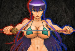  1girl bikini blue_eyes breasts busujima_saeko cleavage highschool_of_the_dead katana large_breasts looking_at_viewer purple_hair solo swimsuit sword weapon weizenbkd 
