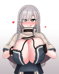  1girl absurdres alternate_costume alternate_hairstyle blush braid breasts breasts_squeezed_together cleavage cleavage_cutout clothing_cutout gloves gradient_background green_eyes grey_hair hands_on_own_chest heart heart-shaped_pupils highres hololive huge_breasts licking_lips long_hair looking_at_viewer naughty_face partially_fingerless_gloves shirogane_noel shirogane_noel_(1st_costume) simple_background smile solo symbol-shaped_pupils the_only_shoe tongue tongue_out virtual_youtuber  rating:Sensitive score:39 user:Randomz