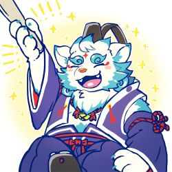  ! !! agyo_(housamo) animal_ears animal_nose aqua_fur bell eyes_closed fangs fangs_out fur_collar furry furry_male hand_fan hand_up hat hiryuu_(hiryuuuuuuuuu) holding holding_fan japanese_clothes komainu_boy komainu_ears male_focus open_mouth shoes smile snout sparkle thick_eyebrows tokyo_houkago_summoners white_background white_fur 