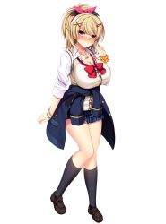  1girl black_flower black_socks blonde_hair blue_skirt blush bracelet breasts cleavage clothes_around_waist flower full_body hair_ornament hair_ribbon highres huge_breasts jacket jacket_around_waist jewelry kneehighs large_breasts loafers long_hair mayonnaise_(ringo_gakuen) miniskirt necklace official_art photoshop_(medium) pink_eyes plaid plaid_skirt pleated_skirt real_eroge_situation!_2 ribbon rindou_nao shoes skirt smile socks solo standing star_(symbol) star_necklace tachi-e transparent_background wrist_cuffs 