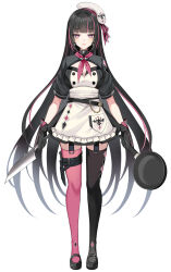  1girl apron argyle argyle_clothes argyle_legwear asymmetrical_legwear beret black_dress black_footwear black_gloves black_hair black_thighhighs breasts cleavage closed_mouth commentary_request dress frilled_apron frills frying_pan full_body gloves harimoji hat highres holding holding_knife knife lethe_bonapuchi long_hair looking_at_viewer medium_breasts mismatched_legwear multicolored_hair official_art pink_hair pink_thighhighs production_kawaii puffy_short_sleeves puffy_sleeves red_eyes shoes short_sleeves shrug_(clothing) simple_background smile solo standing streaked_hair thighhighs tilted_headwear very_long_hair virtual_youtuber white_apron white_background white_hat 