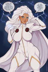 1girl ange1witch blue_eyes bodysuit breasts cape covered_abs covered_erect_nipples dark-skinned_female dark_skin earrings english_text gloves jewelry large_breasts lightning lightning_bolt_earrings lightning_bolt_symbol long_hair looking_at_viewer marvel ororo_munroe solo speech_bubble storm_(x-men) white_bodysuit white_cape white_gloves white_hair x-men x-men:_the_animated_series 