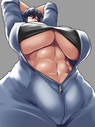  1girl 5_voice abs black_bra black_eyes black_hair bodysuit bra breasts cameltoe cleavage cowboy_shot curvy female_focus grey_background head_tilt huge_breasts indie_virtual_youtuber kataochi_chuuko long_sleeves looking_at_viewer matching_hair/eyes mechanic muscular muscular_female navel open_bodysuit open_clothes original shiny_clothes shiny_skin short_hair simple_background solo standing strapless tomboy underboob underwear virtual_youtuber wide_hips 