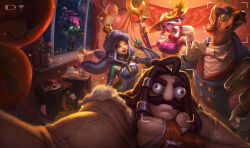  2girls 3boys ;d amumu animal_ears animal_hood archduke_nasus bad_source balloon banana bow bowtie box buttons cake closed_eyes colored_skin crying definitely_not_udyr dog_boy dog_ears double-breasted facial_hair food fruit glass hat holding holding_staff hood indoors league_of_legends monocle multiple_boys multiple_girls mustache nami_(league_of_legends) nasus official_alternate_costume official_art one_eye_closed open_mouth order_of_the_banana_soraka pineapple pink_skin raind selfie smile soraka_(league_of_legends) staff straw_hat surprise_party_amumu taking_picture tibbers udyr urf_the_nami-tee white_bow white_bowtie window 