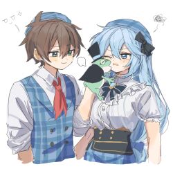  1boy 1girl absurdres animal annoyed aqua_(konosuba) belt black_belt black_bow black_corset black_sash blue_bow blue_bowtie blue_coat blue_eyes blue_hair blue_skirt blush bow bowtie brown_hair buttons coat contemporary corset double-breasted formal frilled_sleeves frills green_eyes hair_between_eyes hair_bow hair_ornament hand_on_another&#039;s_cheek hand_on_another&#039;s_face happy hat hetero high_ponytail highres jacket kono_subarashii_sekai_ni_shukufuku_wo! light_smile long_hair long_sleeves looking_at_another low-tied_long_hair necktie one_eye_closed open_mouth pekeheihou pinstripe_pattern plaid plaid_headwear plaid_skirt plaid_vest playing puffy_short_sleeves puffy_sleeves puppet red_tie sash satou_kazuma shirt short_hair short_sleeves simple_background skirt smile suit suit_jacket tailcoat toad_(animal) top_hat very_long_hair vest white_background white_shirt 