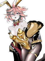  1girl alternate_costume animal_ears bare_shoulders black_jacket blue_eyes bow bowtie breasts brown_pantyhose chestnut_mouth collar collarbone commentary_request covered_navel detached_collar detached_sleeves double-parted_bangs earrings fake_animal_ears floating_hair fur-trimmed_jacket fur_trim gloves gold_collar gold_gloves gold_leotard gold_trim hair_between_eyes hair_wings hand_on_own_thigh head_wings highleg highleg_leotard highres hololive jacket jewelry kurose_kousuke large_breasts leotard looking_at_viewer off_shoulder pale_skin pantyhose partially_fingerless_gloves pink_hair pink_nails playboy_bunny plunging_neckline rabbit_ears red_bow red_bowtie short_hair simple_background solo strapless strapless_leotard takane_lui teeth thigh_strap two-sided_fabric two-sided_jacket upper_teeth_only virtual_youtuber white_background wings 