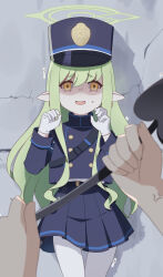  1girl 1other anger_vein bag belt black_belt blue_archive blue_jacket blue_skirt buttons curly_hair demon_girl demon_tail double-breasted earrings gloves green_hair green_halo hair_between_eyes halo hands_up hat highres hikari_(blue_archive) hituji03-24 jacket jewelry long_hair looking_at_viewer miniskirt pantyhose pleated_skirt scared shaded_face shirt shirt_tucked_in shoulder_bag skirt solo_focus surprised tail tail_grab trembling very_long_hair white_gloves white_shirt yellow_eyes 