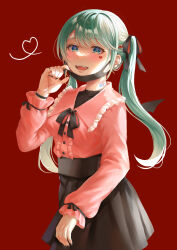  1girl absurdres bakamostro bandaid ear_piercing fangs hair_ornament hatsune_miku heart highres jewelry jirai_kei long_hair long_sleeves looking_at_viewer mask mask_pull mouth_mask open_mouth piercing red_background ribbon shirt smile solo twintails vampire_(vocaloid) vocaloid 