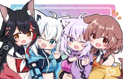  4girls ahoge animal_ears black_hair black_neckerchief blue_background blue_hoodie blush border bra braid breasts brown_eyes brown_hair cat_ears cleavage commentary_request cropped_hoodie cropped_shirt dog_ears dog_girl dog_tail fox_ears fox_shadow_puppet gradient_background green_eyes hair_ornament hand_on_another&#039;s_shoulder hololive hololive_gamers hood hoodie hug hug_from_behind inset_border inugami_korone jacket large_breasts long_hair looking_at_viewer multicolored_hair multiple_girls neckerchief nekomata_okayu off_shoulder one_eye_closed ookami_mio open_mouth orange_shirt pink_background purple_bra purple_eyes purple_hair purple_jacket rabiiandrain red_hair red_jacket red_shirt sailor_collar shirakami_fubuki shirt short_hair sports_bra streaked_hair tail underwear virtual_youtuber white_hair white_neckerchief white_sailor_collar wolf_ears x_hair_ornament yellow_eyes yellow_jacket 