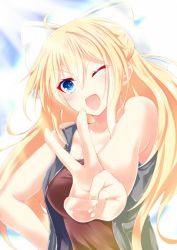 blonde_hair blue_eyes bow eagle_(girly_air_force) girly_air_force one_eye_closed open_mouth peace_symbol shirt sleeveless sleeveless_shirt vest white_bow wink  rating:Sensitive score:1 user:lolilover56