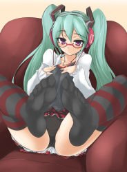  1girl aqua_hair bad_id bad_pixiv_id bespectacled black_thighhighs feet foot_focus glasses hatsune_miku headphones headset jewelry kocchi_muite_baby_(vocaloid) long_hair momio necklace panties project_diva project_diva_(series) project_diva_2nd purple_eyes purple_thighhighs sitting smile solo striped_clothes striped_thighhighs thighhighs toes twintails underwear vocaloid  rating:Questionable score:112 user:danbooru