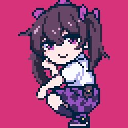  1girl black_footwear black_hair black_skirt black_socks checkered_clothes checkered_skirt chibi closed_mouth commentary commission from_side full_body hat himekaidou_hatate looking_at_viewer medium_hair pixel_art purple_eyes purple_hat purple_skirt red_background shirt short_hair short_sleeves simple_background skeb_commission skirt smile socks solo squatting tokin_hat touhou twintails white_shirt yonoisan 