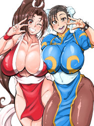 2girls ass breast_press breasts brown_eyes brown_hair capcom capcom_vs_snk chun-li cleavage crossover curvy fatal_fury grin highres hip_focus huge_ass huge_breasts legs long_hair looking_at_viewer multiple_girls one_eye_closed open_mouth ponytail red_eyes shiranui_mai smile street_fighter thick_thighs thighs tsunapiko v wide_hips rating:Questionable score:54 user:jojosstand