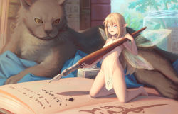  1girl bigrbear blonde_hair blue_eyes breasts cat dress fairy fairy_wings highres holding holding_pen ink kneeling loli long_hair mini_person minigirl nipples no_panties open_mouth original pelvic_curtain pen pointy_ears pussy see-through small_breasts uncensored white_dress wings  rating:Explicit score:86 user:danbooru