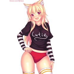 1girl animal_ear_fluff animal_ears blonde_hair blush breasts buruma cat_ears clothes_writing cowboy_shot english_text hand_on_own_hip highres large_breasts layered_clothes long_hair looking_at_viewer nottytiffy open_mouth original red_eyes slit_pupils solo thighhighs tiffy_(nottytiffy) white_background rating:Sensitive score:43 user:danbooru