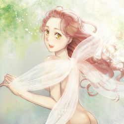 1girl ass back bad_id bad_pixiv_id breasts brown_hair fairy fairy_wings green_eyes happy highres insect_wings long_hair looking_back nude open_mouth original small_breasts smile solo wavy_hair wings wooga rating:Questionable score:20 user:danbooru