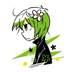  1boy absurdres black_shirt cropped_torso flower from_side gloves green_hair hair_flower hair_ornament highres hotate_oishii jaggy_lines limited_palette male_focus original profile shirt short_hair sideways_mouth signature solo turtleneck white_background white_flower yellow_eyes 
