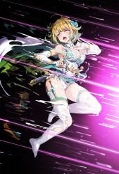  1girl attack bare_shoulders black_background blonde_hair blush breasts broken broken_weapon cape cleavage closed_eyes earrings elbow_gloves fire_emblem fire_emblem_heroes fjorm_(fire_emblem) fjorm_(ninja)_(fire_emblem) gloves gradient_hair highres holding holding_weapon incoming_attack jewelry kunai looking_to_the_side mask mask_on_head medium_breasts multicolored_hair ninja nintendo official_alternate_costume open_mouth sandals short_hair short_shorts shorts shuriken slashing solo speed_lines sweat sword teeth thighhighs torn_cape torn_clothes torn_gloves torn_shorts torn_thighhighs tsukishiro_saika unworn_sandals v-shaped_eyebrows weapon white_gloves white_mask 