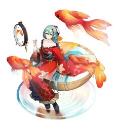  1girl aqua_hair arlene_(final_gear) bag bagged_fish beads black_bow black_flower black_footwear black_sash bow braid bun_cover collarbone final_gear fish floral_print_kimono floral_print_sleeves flower full_body gill_print gills hair_bow hair_flower hair_ornament highres holding holding_bag japanese_clothes kimono long_hair long_sleeves obi obijime official_art red_eyes red_kimono red_sleeves reflection rose sash simple_background sitting solo tachi-e third-party_source transparent_background user_uesv7482 very_long_hair water white_flower white_rose wide_sleeves yellow_flower 