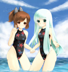  10s 2girls aoki_hagane_no_arpeggio blue_hair brown_eyes brown_hair commission competition_swimsuit crossover green_eyes highleg highleg_swimsuit highres holding_hands i-401_(kancolle) iona_(aoki_hagane_no_arpeggio) kantai_collection long_hair mikimo_nezumi multiple_girls name_connection one-piece_swimsuit ponytail short_hair soaking_feet star_(symbol) star_print swimsuit v wading water  rating:Sensitive score:9 user:danbooru