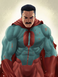  1boy absurdres blood blood_from_mouth blood_on_clothes blood_on_face cape facial_hair grey_hair highres invincible_(series) muscular mustache nolan_grayson omni-man superhero_costume tight_clothes  rating:Sensitive score:5 user:AlexBC13