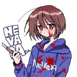  1girl blood blood_on_clothes blood_on_face blue_hoodie blush boxcutter brown_hair character_name closed_mouth hood hoodie looking_at_viewer lowres nevada-tan onakanikuman real_life real_life_insert red_eyes short_hair simple_background solo white_background 