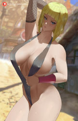 1girl araneesama arm_behind_head arm_up armpits bare_shoulders black_one-piece_swimsuit black_slingshot_swimsuit blonde_hair blue_eyes blunt_bangs blush breasts collarbone covered_erect_nipples highres large_breasts looking_at_viewer naruto_(series) naruto_shippuuden one-piece_swimsuit parted_lips samui_(naruto) short_hair slingshot_swimsuit solo swimsuit thighs wet rating:Questionable score:101 user:danbooru
