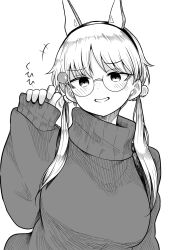  1girl blue_archive blush breasts candy commentary_request food glasses greyscale highres holding holding_candy holding_food holding_lollipop large_breasts lollipop long_hair long_sleeves looking_at_viewer low_twintails moe_(blue_archive) monochrome osr5555 round_eyewear simple_background smile solo sweater turtleneck turtleneck_sweater twintails upper_body white_background 