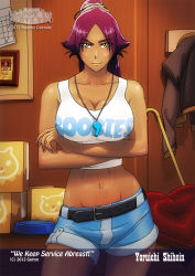  bleach brand_name_imitation breasts crossed_arms dark_skin gairon highres large_breasts lips midriff purple_hair shihouin_yoruichi shorts sweat whistle yellow_eyes  rating:Sensitive score:139 user:catonfire26