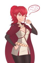  1girl anna_(fire_emblem) artist_name between_breasts black_pantyhose breasts cape cleavage cleavage_cutout clothing_cutout commentary dress english_text finger_to_own_chin fire_emblem fire_emblem_fates heart highres hood hood_down hooded_cape nintendo one_eye_closed pantyhose ponytail red_cape red_eyes red_hair sidelocks simple_background small_breasts smgold smile solo speech_bubble strap_between_breasts white_background 