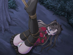  1girl aqua_eyes arms_behind_back ball_gag bdsm black_hair black_thighhighs blue_eyes bondage bound bow breasts cross fate/stay_night fate_(series) feet female_focus gag gagged hair_bow hair_ribbon long_hair long_legs miniskirt object_insertion panties restrained ribbon sex_toy shibari shibari_over_clothes skirt small_breasts solo spark_utamaro thighhighs tohsaka_rin turtleneck twintails two_side_up underwear upskirt vaginal vaginal_object_insertion vibrator vibrator_under_clothes vibrator_under_panties wiffle_gag zettai_ryouiki  rating:Explicit score:179 user:danbooru