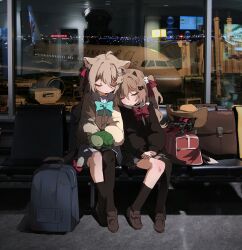  2girls :&lt; ahoge aircraft airplane airport animal animal_ear_fluff animal_ears animal_on_lap asymmetrical_legwear bag bench black_cardigan black_socks black_thighhighs blonde_hair blue_bag blue_bow blue_bowtie blush bow bowtie brown_footwear cardigan cat_ears closed_eyes closed_mouth commentary commission cowboy_hat demon_horns evil_neuro-sama grey_skirt hair_between_eyes hair_bow hair_ornament hat heart heart_hair_ornament highres horns indie_virtual_youtuber leaning_on_person long_hair long_sleeves multiple_girls neuro-sama non-humanoid_robot on_lap own_hands_together pasharuu photo_background red_bag red_bow red_bowtie reflection robot robot_animal robot_dog russian_commentary siblings single_sock single_thighhigh sisters sitting skirt sleeping socks thighhighs turtle twintails vedal987 window yellow_cardigan 