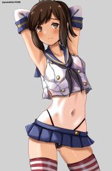  1girl armpits arms_behind_head arms_up black_neckerchief black_panties blue_sailor_collar blue_skirt blush breasts brown_eyes brown_hair cosplay cowboy_shot crop_top cropped_shirt elbow_gloves gloves grey_background high_ponytail highleg highleg_panties highres i-401_(kancolle) kantai_collection looking_at_viewer microskirt midriff mizuki_(uzuki_no_sato) navel neckerchief panties pleated_skirt red_thighhighs sailor_collar shimakaze_(kancolle) shimakaze_(kancolle)_(cosplay) shirt sidelocks simple_background skirt sleeveless sleeveless_shirt small_breasts solo standing striped_clothes striped_thighhighs tan thighhighs twitter_username underwear white_gloves white_shirt white_thighhighs zettai_ryouiki 