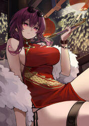 1girl absurdres bare_shoulders black_pantyhose breasts china_dress chinese_clothes chinese_new_year commentary dress earrings english_commentary eyewear_on_head feather_boa hair_between_eyes happy_new_year highres holding_pipette honkai:_star_rail honkai_(series) jewelry kafka_(honkai:_star_rail) knees_out_of_frame lantern large_breasts long_hair looking_down new_year panties pantyhose paper_lantern parted_lips pelvic_curtain pipette purple_eyes purple_hair red_dress round_eyewear shafpng side-tie_panties sideboob sidelocks sitting solo sunglasses thigh_strap thighs underwear