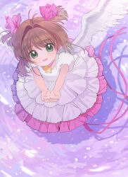 1girl :d antenna_hair bad_id bad_pixiv_id brown_hair cardcaptor_sakura dress feathered_wings flower frilled_dress frills from_above full_body green_eyes hair_intakes highres kinomoto_sakura looking_at_viewer looking_up magical_girl nkohime open_mouth pink_background puffy_short_sleeves puffy_sleeves ripples short_hair short_sleeves smile solo water white_dress white_flower white_wings wings  rating:General score:2 user:danbooru