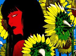  1girl black_lips blunt_bangs closed_mouth commentary fear_&amp;_hunger fear_&amp;_hunger_2:_termina flower halftone highres kocho_15 limited_palette lips long_hair looking_at_viewer looking_back portrait samarie_(fear_&amp;_hunger) solo sunflower twitter_username 